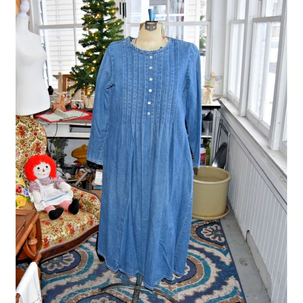 80s Studio Ease Long Thick Denim Jean Dress Pleated Button Front Western Large